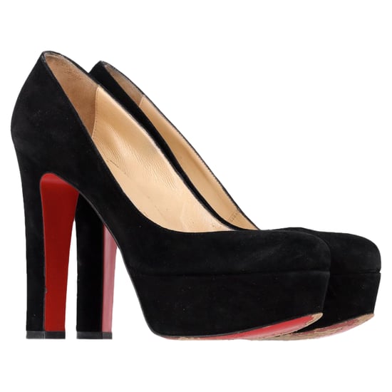 Christian Louboutin Round Toe Chunky Heel Platform Pumps in Black Suede - Image 4