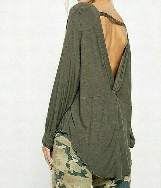 Free People Women's T-Shirt Olive Green Ribbed Knit V-Back