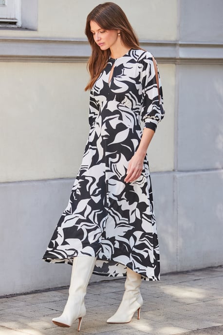 Black Floral Print Keyhole Detail Jersey Midi Dress