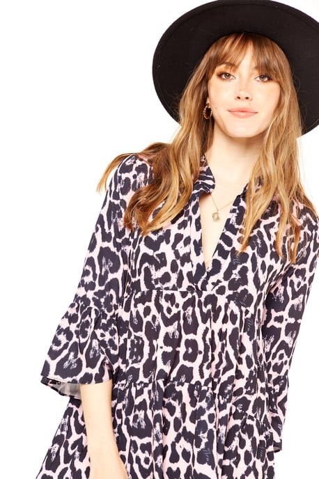 Pink Animal Print Smock Tiered Mini Dress