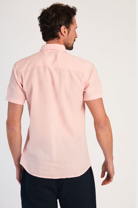 Pink Linen Blend Short Sleeve Button-Up Shirt With Chest Pocket