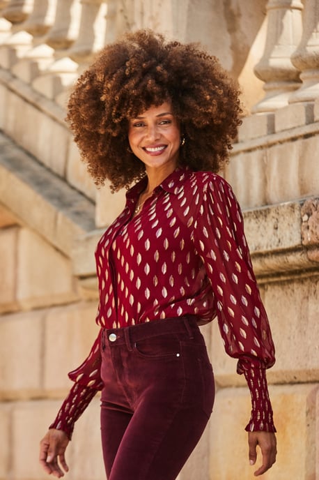 Red & Gold Metallic Spot Print Blouson Sleeve Shirt