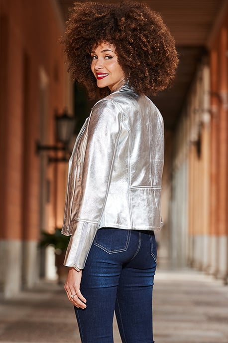 Silver Metallic Leather Biker Jacket