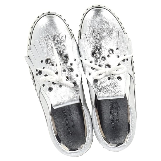 Burberry Kiltie Fringe Detail Slip On Sneakers Metallic Silver Leather - Image 2