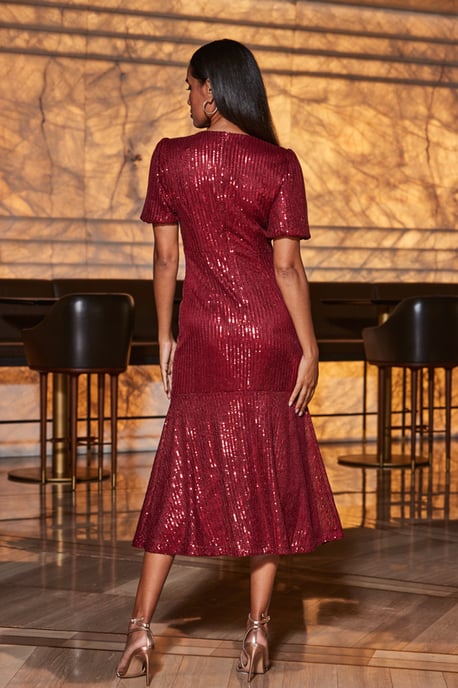 Red Sequin Fit & Flare Puff Sleeve Midi Dress