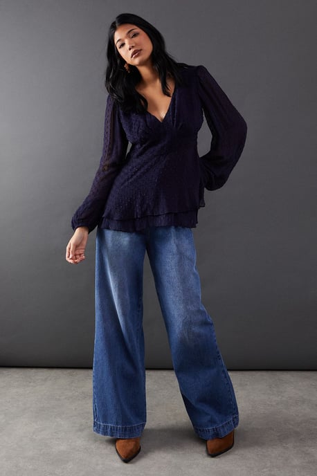 Plunge Neck Dobby Chiffon Double Layer Blouse