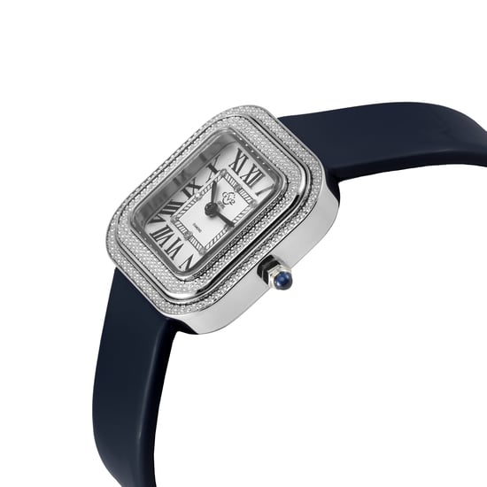 GV2 Bellagio Women's Swiss Made Diamond Watch, Silver-White Dial, Genuine Dark Blue Handmade Leather Strap