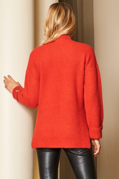 Red High Neck Folded Button Cuff Jumper