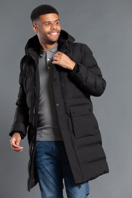 Black Longline Funnel Neck Hooded Padded Jacket