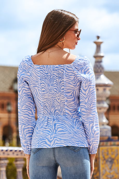 Sky Blue Zebra Print Wrap Front Top