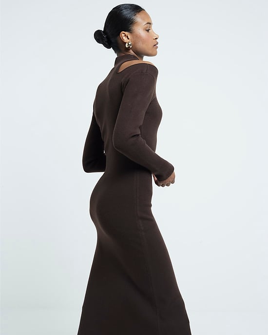 River Island Womens Midi Dress Brown Long Sleeve Cut Out