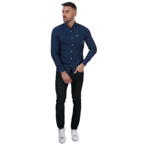 Men's Lacoste Regular Fit Linen Shirt in Blue - Image 3