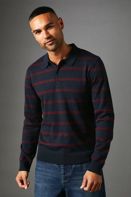 Stripe Long Sleeve Knitted Polo