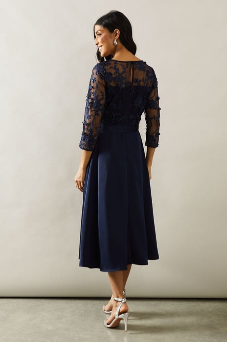 Satin And Mesh Overlay Fit And Flare Dress