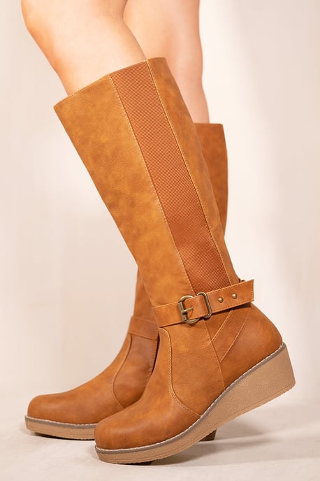 Where's That From Womens 'Ayleen' Wedge Heel Knee High Boots With Elastic Panel In Tan Brown Faux Leather