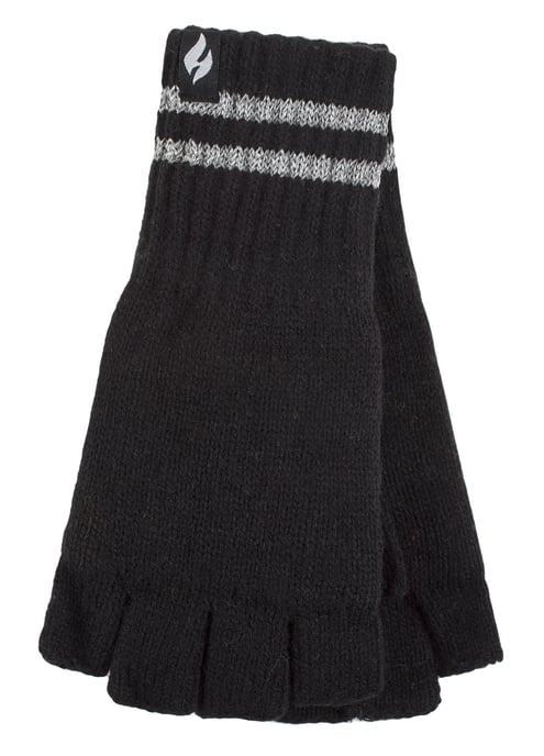 Mens Knitted Fingerless Reflective Gloves for Winter | Heat Holders | Thermal Hi Viz Work Gloves - Black - Image 1