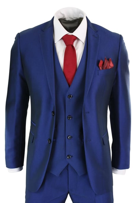 Mens 3 Piece Shiny Royal Blue Classic Suit - Image 1