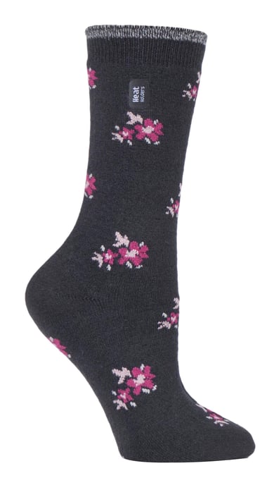 Heat Holders - Ladies Ultra Lite Thermal Brushed Inner Yarn Design Socks - Charcoal Floral (Bellis) - Image 1