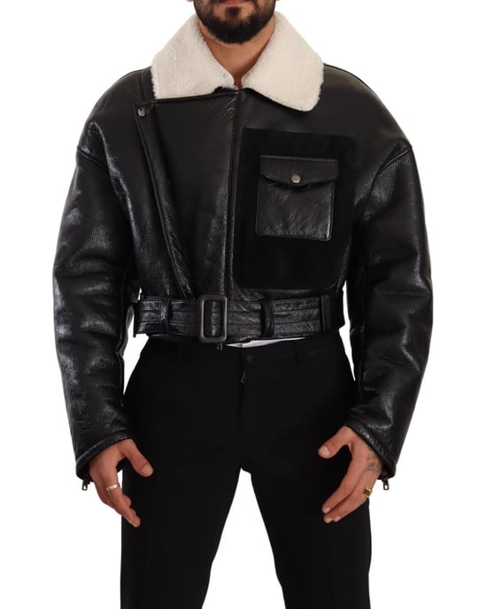 Dolce & Gabbana Herrarnas Svart Läder Shearling Bikerjacka - Image 1
