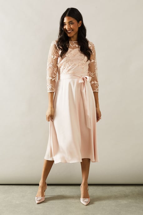 Satin And Mesh Overlay Fit And Flare Dress - Image 1