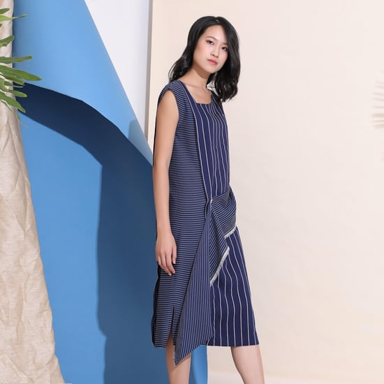 Asymmetric Stripe Trapeze Midi Dress