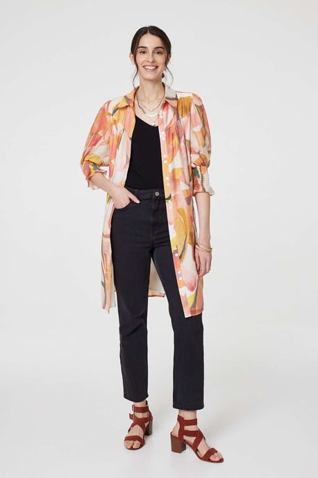 Orange Printed 3/4 Puff Sleeve Shirt Dress