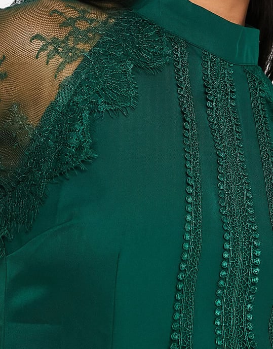 Liquorish Petite a line lace detail mini dress in emerald-Green