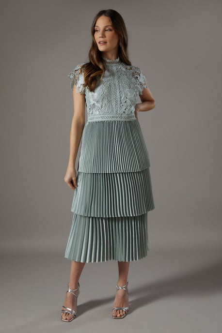 Satin Lace Pleated Tiered Dress