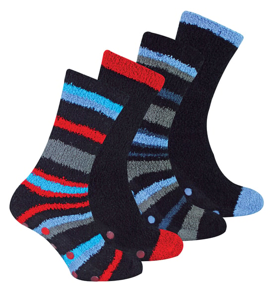 4 par sängstrumpor för herrar |Thermal Anti Slip Fuzzy Slipper Socks - Blå / röd rand - Image 1