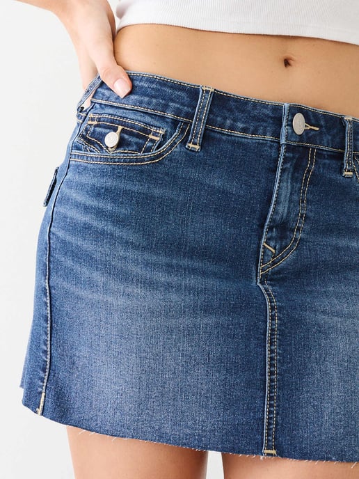 Sadie Single Needle Flap Mini Skirt in Dark Humid Wash
