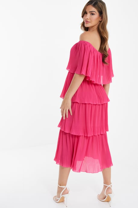 Pink Bardot Tiered Midaxi Dress