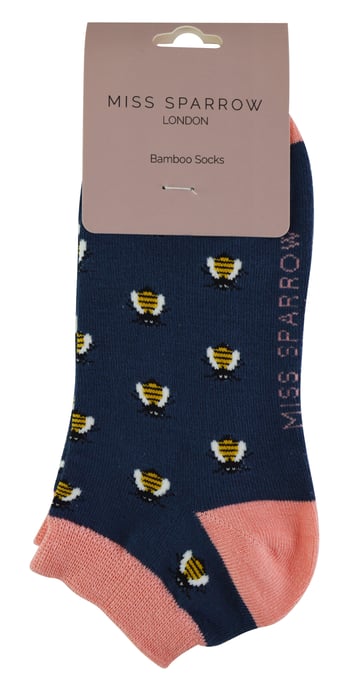 Ladies Bamboo Trainer Socks | Miss Sparrow | Breathable Low Cut Socks for Women - Honey Bees (Navy) - Image 2