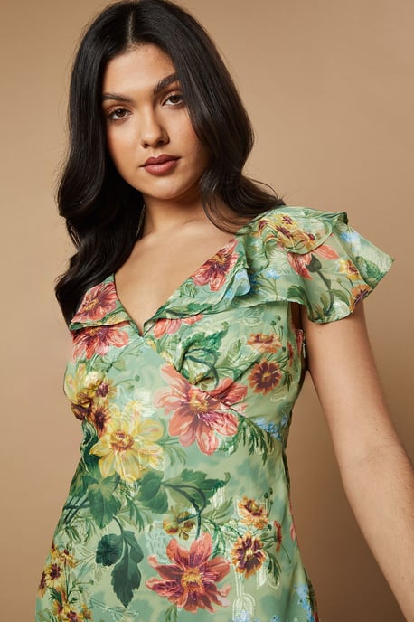 Floral Satin Burnout Ruffle Midi Dress
