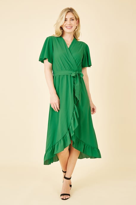 Green Wrap Over Frill Hem Dress