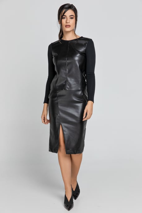 Black Faux Leather Pencil Skirt by Conquista Fashion