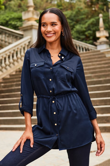 Navy Blue Satin Utility Tie Waist Shirt