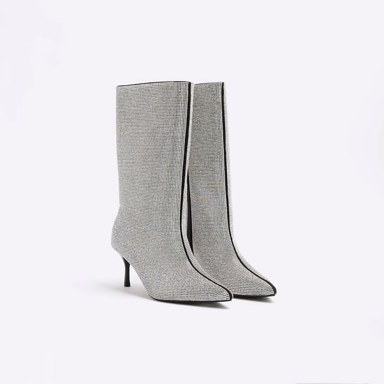 River Island Womens Calf Boots Silver Diamante Heeled