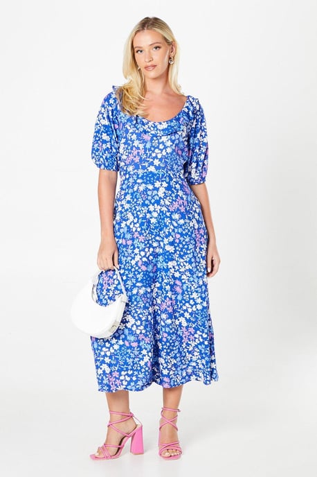 Blue Ditsy Ruffle Midi Dress - Image 1