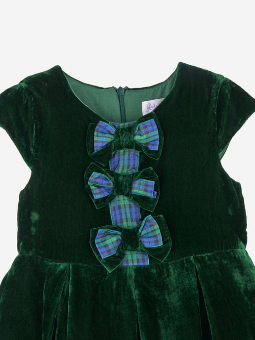 Rachel Riley Girls Tartan Bow Velvet Dress in Green