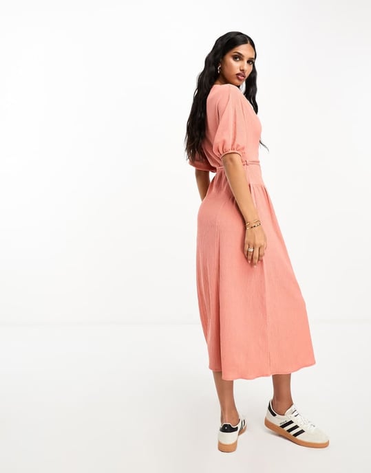 ASOS DESIGN textured crinkle wrap midi dress with tie side in light rust-Orange