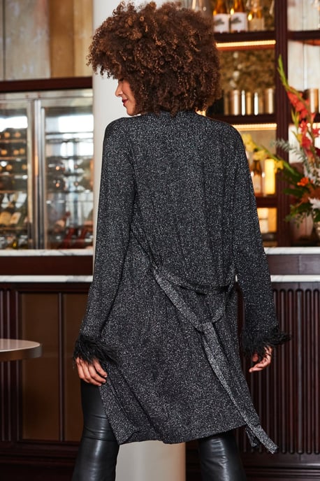 Black Metallic Longline Belted Cardigan With Feather Cuff
