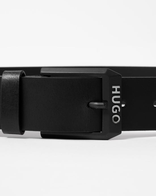 HUGO Gelio-B Mens Leather Belt with Matte-Black Logo Trim Buckle
