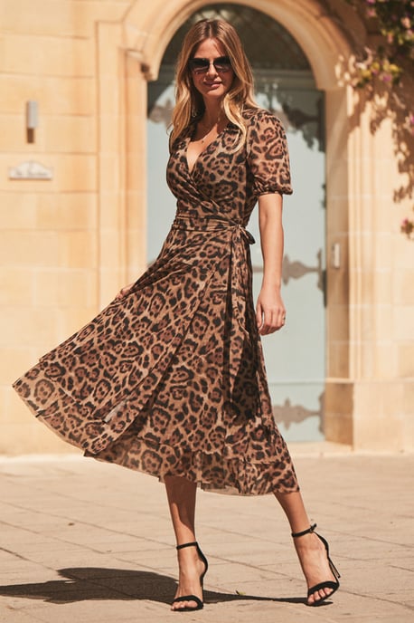 Leopard Print Mesh Wrap Jersey Dress