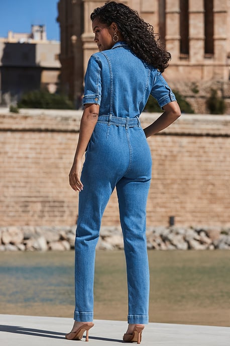Mid Blue Denim Tie Waist Utility Jumpsuit