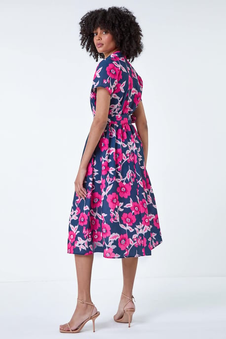 Floral Linen Look Belted Shirt Dress