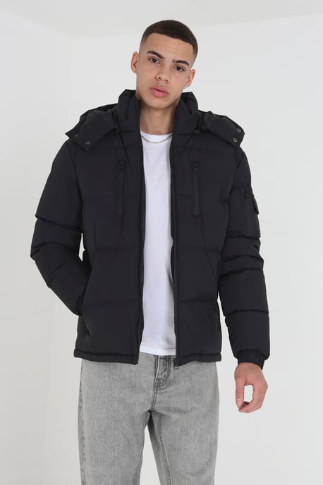 Black Padded Jacket With Detachable Hood