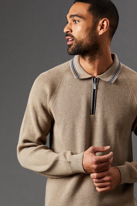 Fine Gauge Long Sleeve Zip Neck Knitted Polo