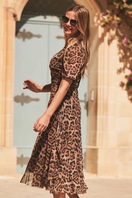 Leopard Print Mesh Wrap Jersey Dress