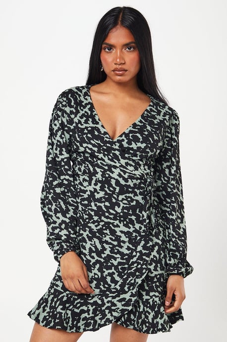 Petite Khaki Animal Wrap Mini Dress - Image 1