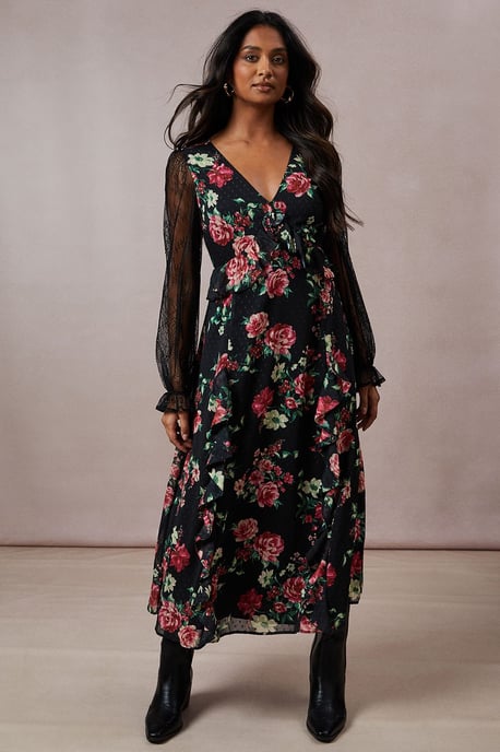 Floral Lace Sleeve Ruffle Front Midi Dress